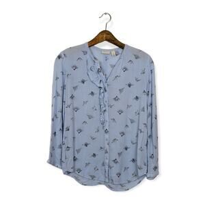 Hinge Baby Blue Floral Back Slit Button Down Ruffle Top